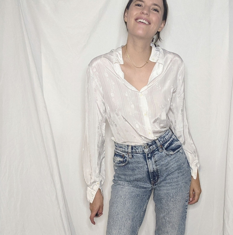 Vintage white button up with faint flower and vertical stripes detail